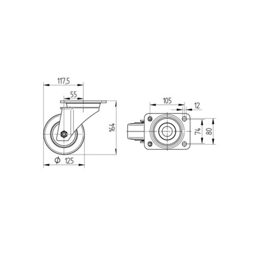 TENTE Zwenkwiel RVS nylon 125 8NO plaat