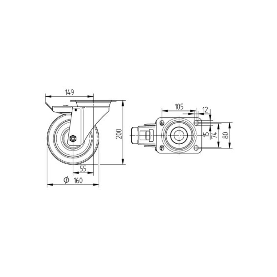 TENTE Zwenkwiel RVS nylon 160 8NO plaat met rem