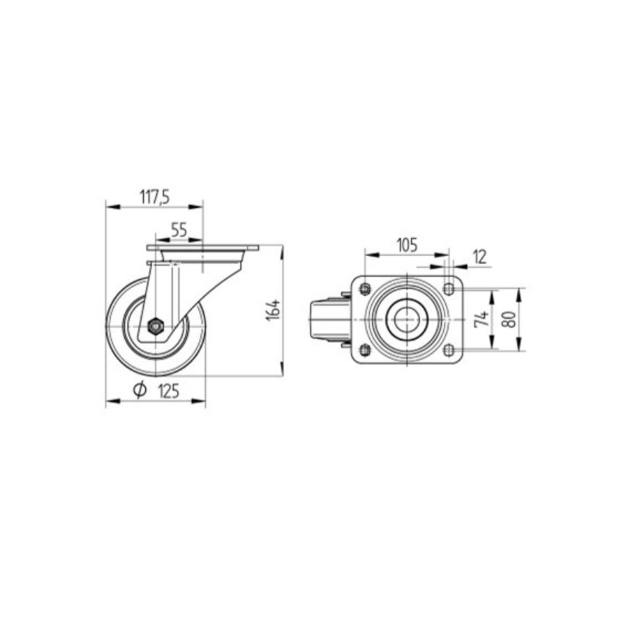 TENTE Zwenkwiel RVS 125 8NOP plaat