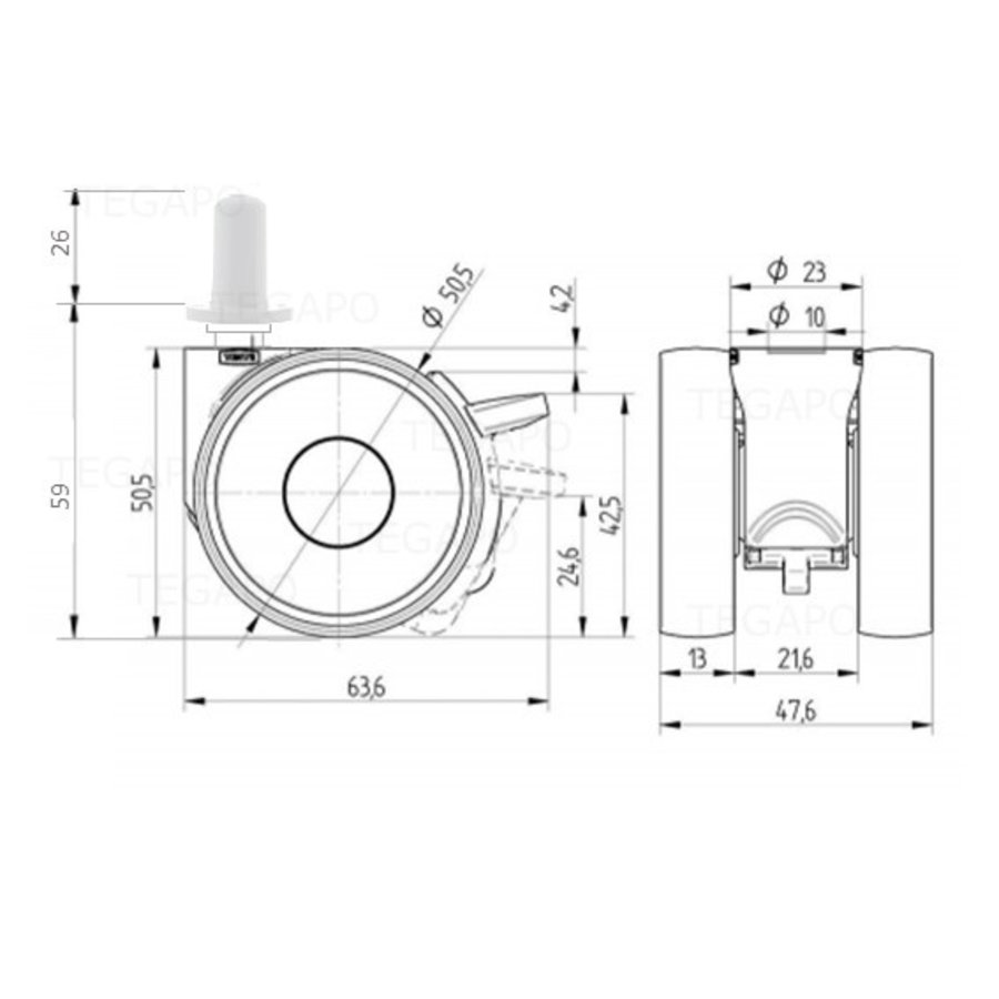 PAPU LOW wiel 50mm plug rond kunststof 13mm met rem-2
