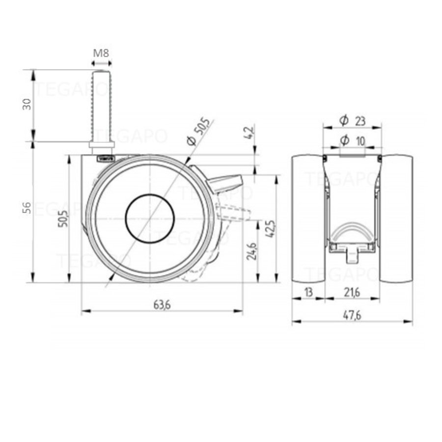 PAPU LOW wiel 50mm bout M8x30 met rem