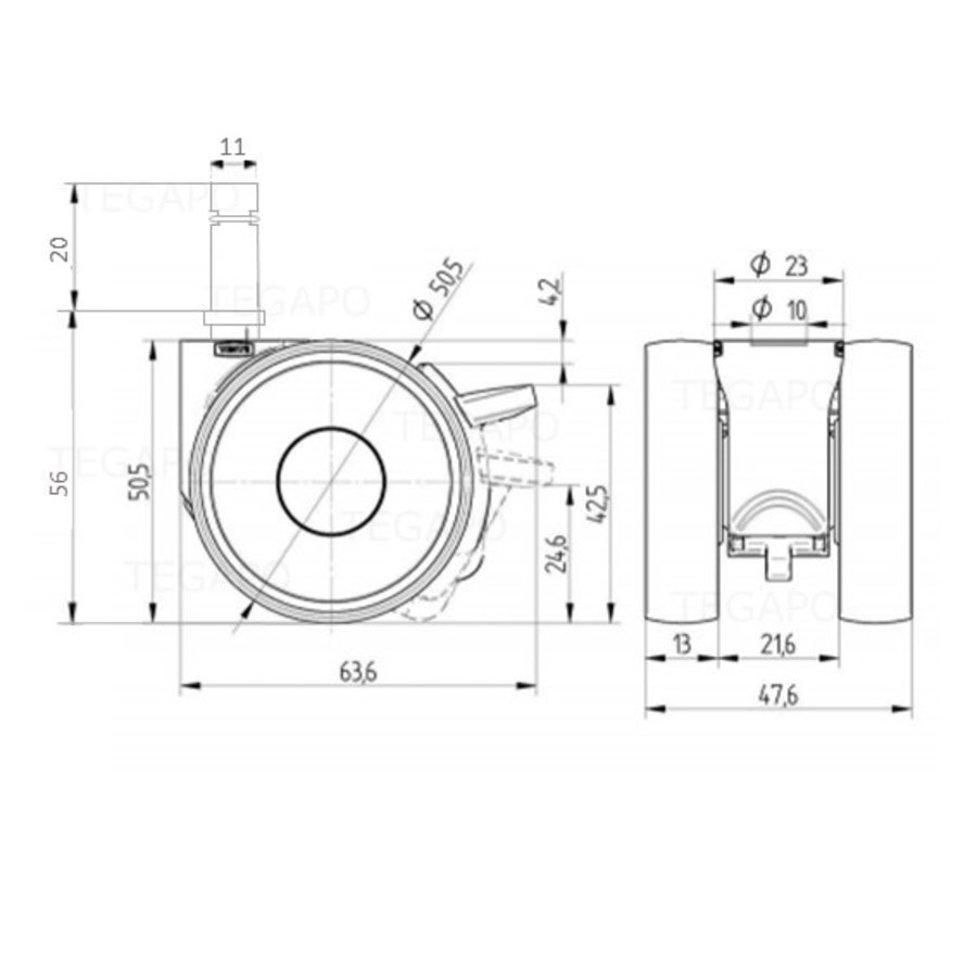 PAPU LOW wiel 50mm stift 11mm met rem