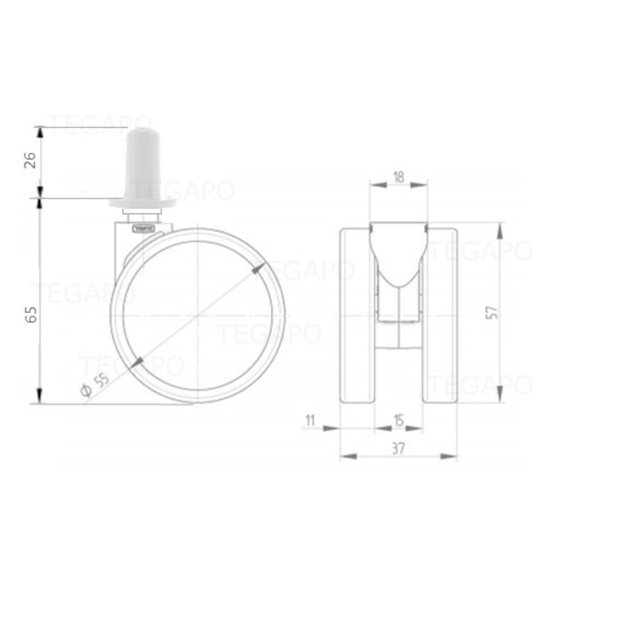 PPPU wiel 55mm plug rond kunststof 13mm