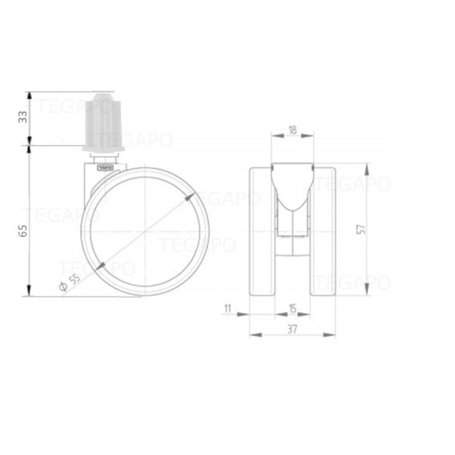 PPPU wiel 55mm plug vierkant 16mm