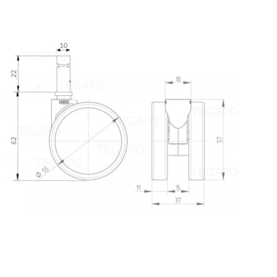 PPPU wiel 55mm stift 10mm