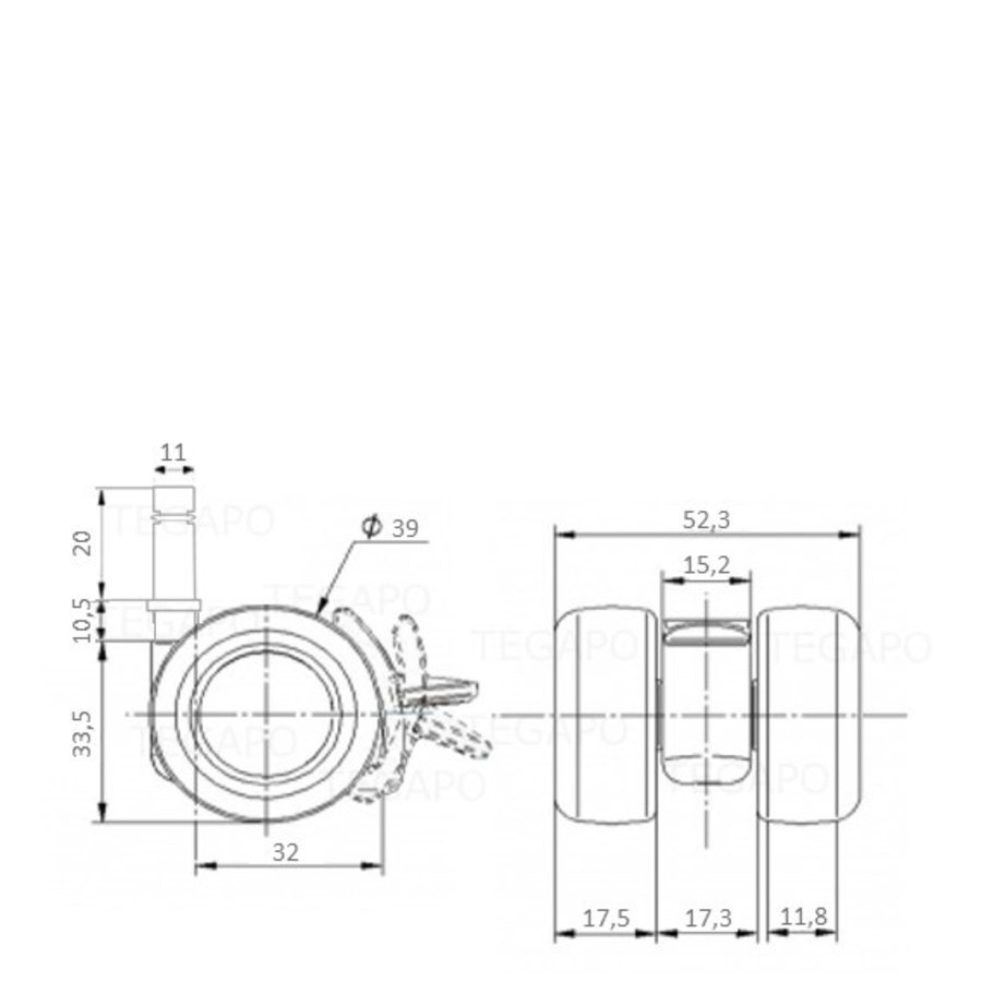 PATPLOW wiel 39mm stift 11mm met rem