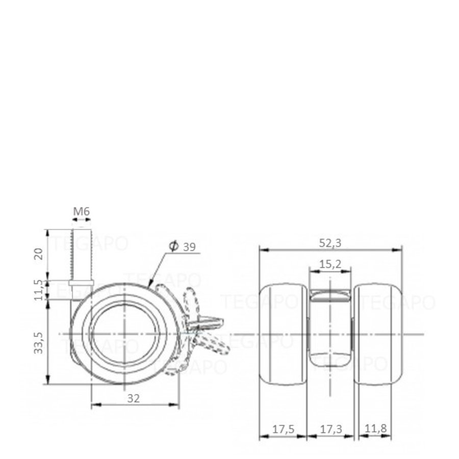 PATPLOW wiel 39mm bout M6x20 met rem