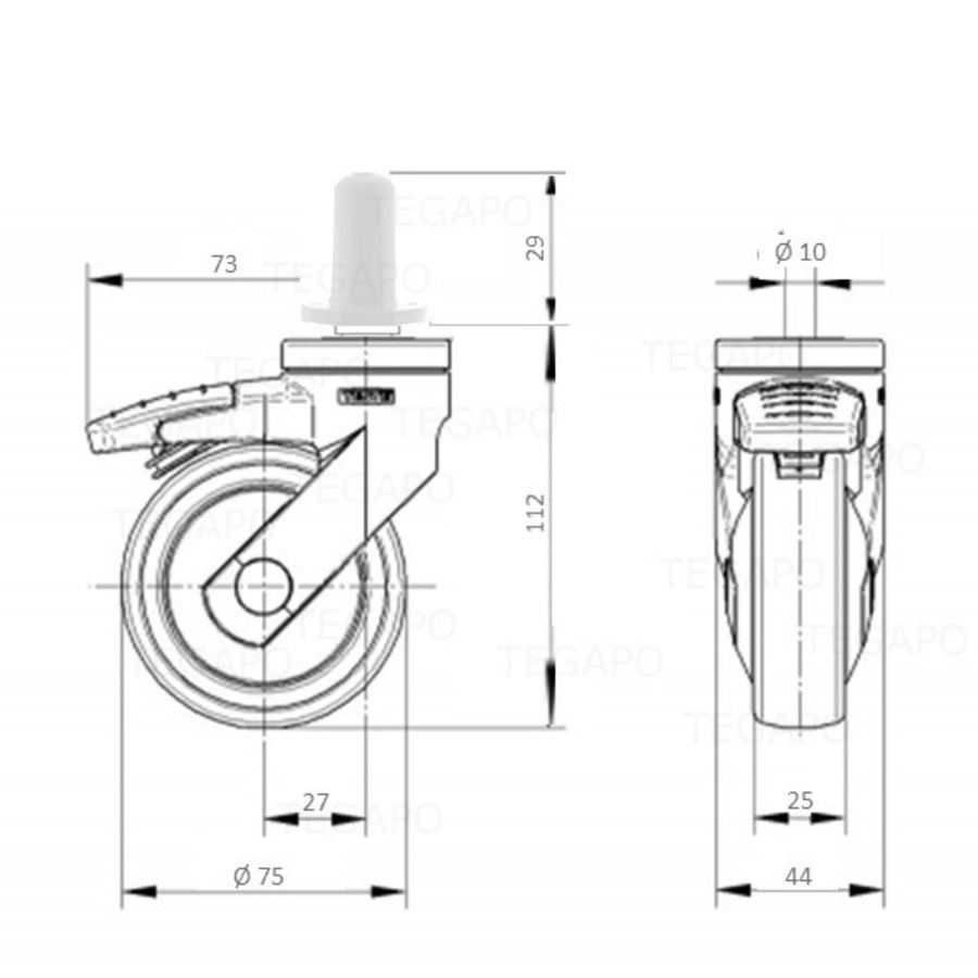 SYTP zwart afdekkap wiel 75mm plug rond kunststof 13mm met rem