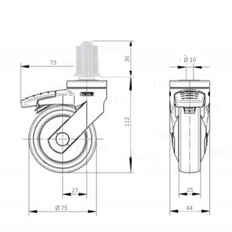 SYTP zwart afdekkap wiel 75mm plug vierkant 26mm met rem