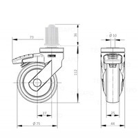 SYTP zwart afdekkap wiel 75mm plug vierkant 23mm met rem