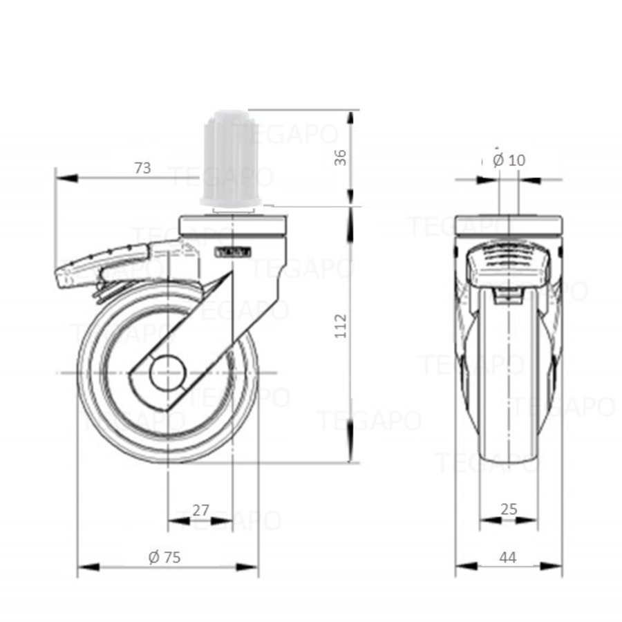 SYTP zwart afdekkap wiel 75mm plug rond 16mm met rem