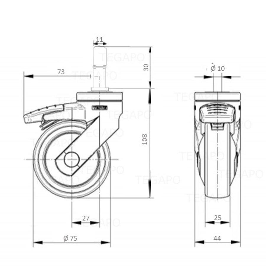 SYTP zwart afdekkap wiel 75mmstift 11mm (30) met rem