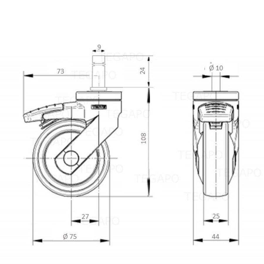 SYTP zwart afdekkap wiel 75mm stift 9mm met rem