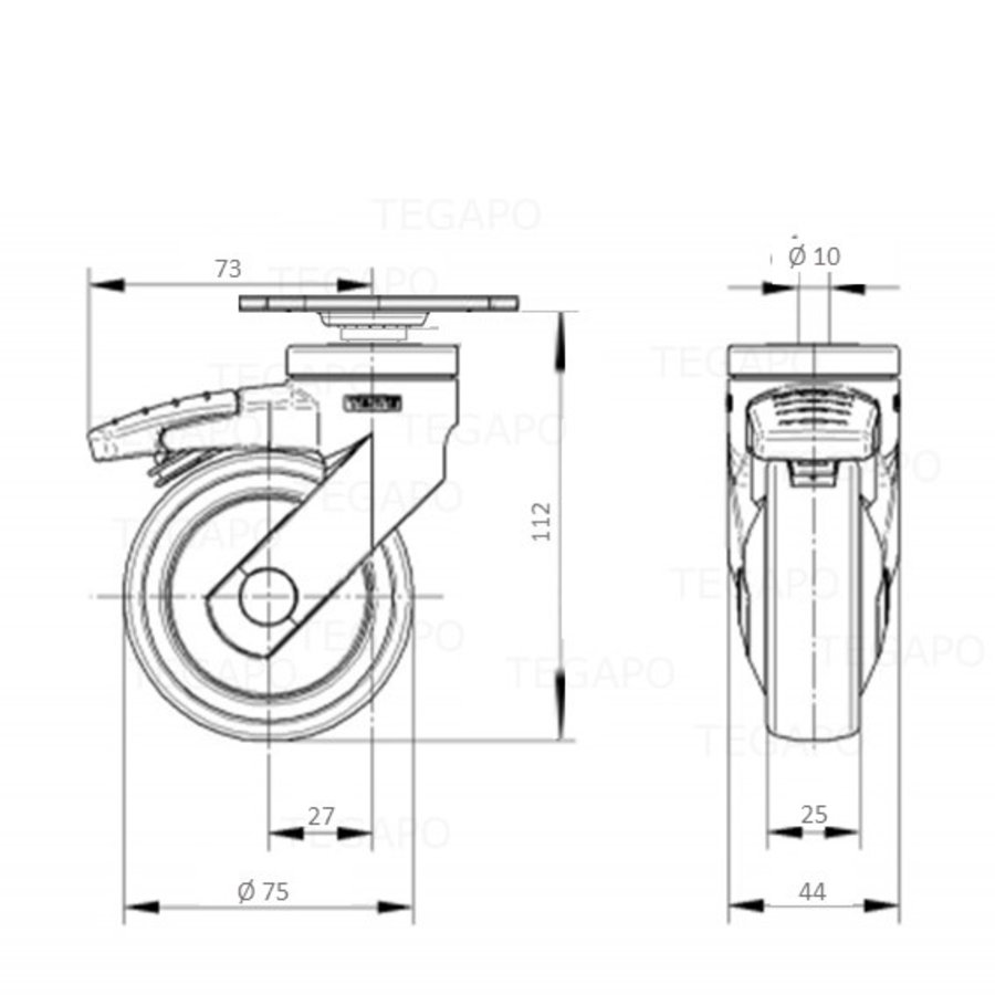 SYTP zwart afdekkap wiel 75mm plaat 38x38mm met rem