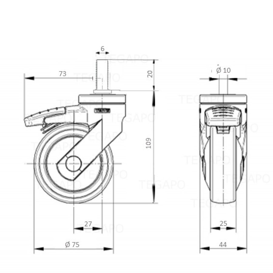 SYTP zwart afdekkap wiel 75mm bout M6x20 met rem