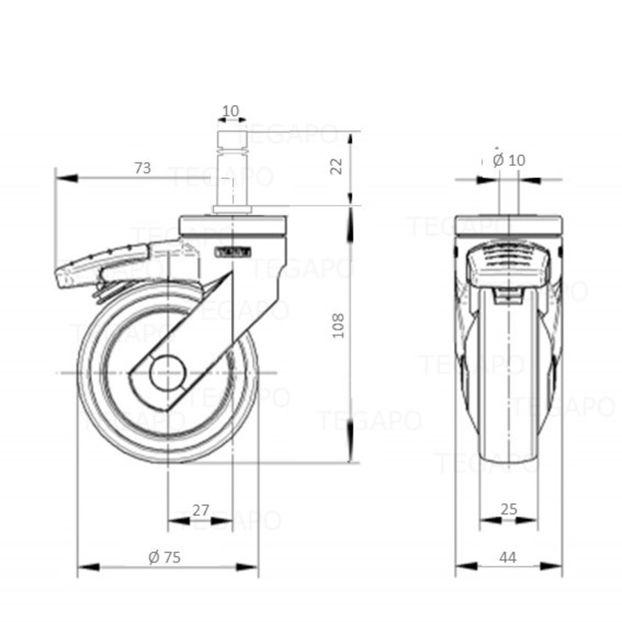 SYTP afdekkap wiel 75mm stift 10mm met rem