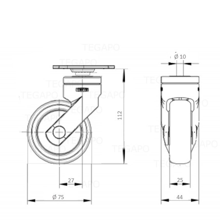 SYTP afdekkap wiel 75mm plaat 42x42mm