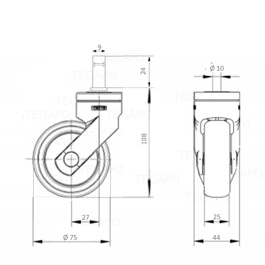 SYTP afdekkap wiel 75mm stift 9mm