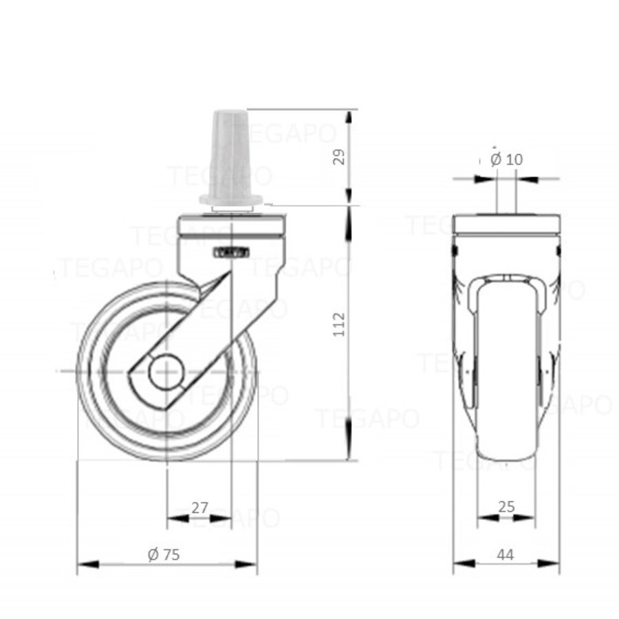 SYTP zwart afdekkap wiel 75mm plug rond staal 13mm