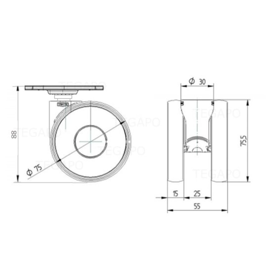 PAPU HIGH wiel 75mm plaat 42x42mm