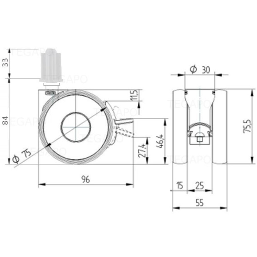 PAPU HIGH wiel 75mm plug vierkant 26mm met rem