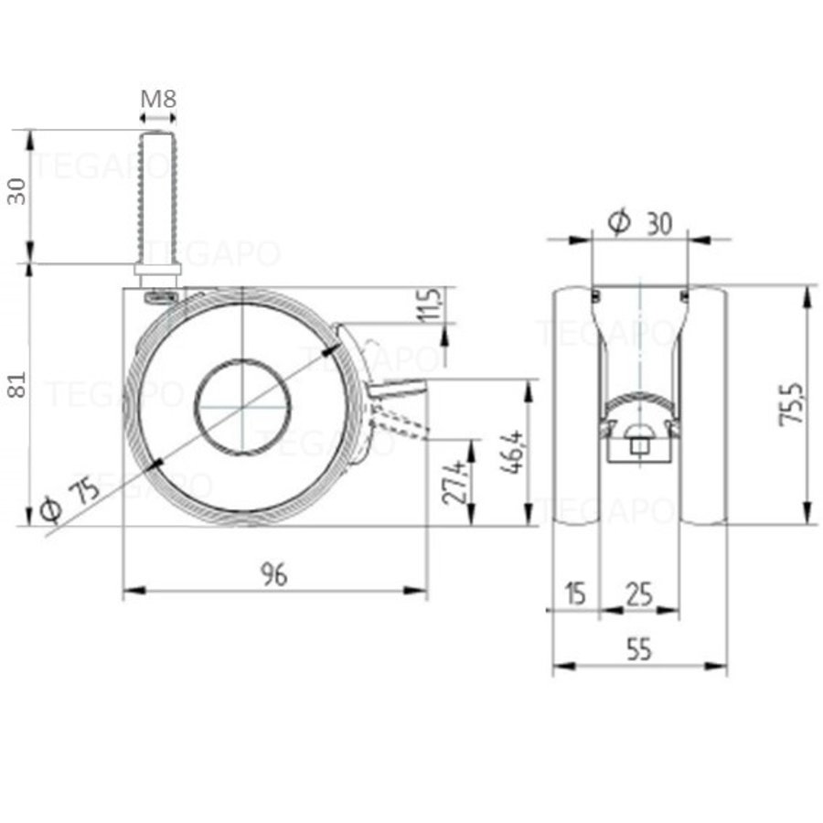 PAPU HIGH wiel 75mm bout M8x30 met rem