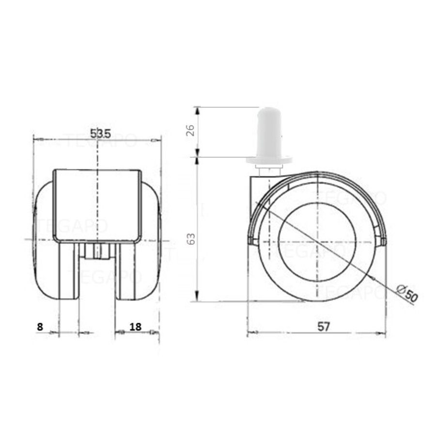 PPTP luxe wiel 50mm plug rond kunststof 13mm