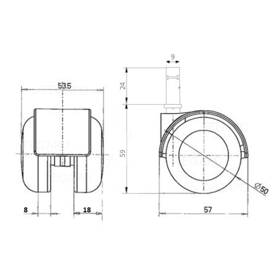 PPTP luxe wiel 50mm stift 9mm