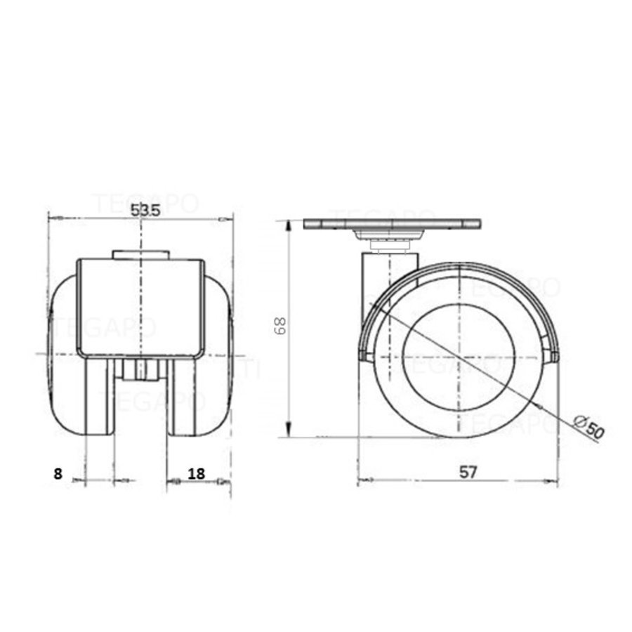 PPTP wiel 50mm plaat 42x42mm