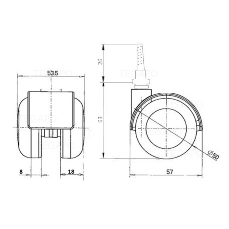 PPTP wiel 50mm schroef 7x42mm