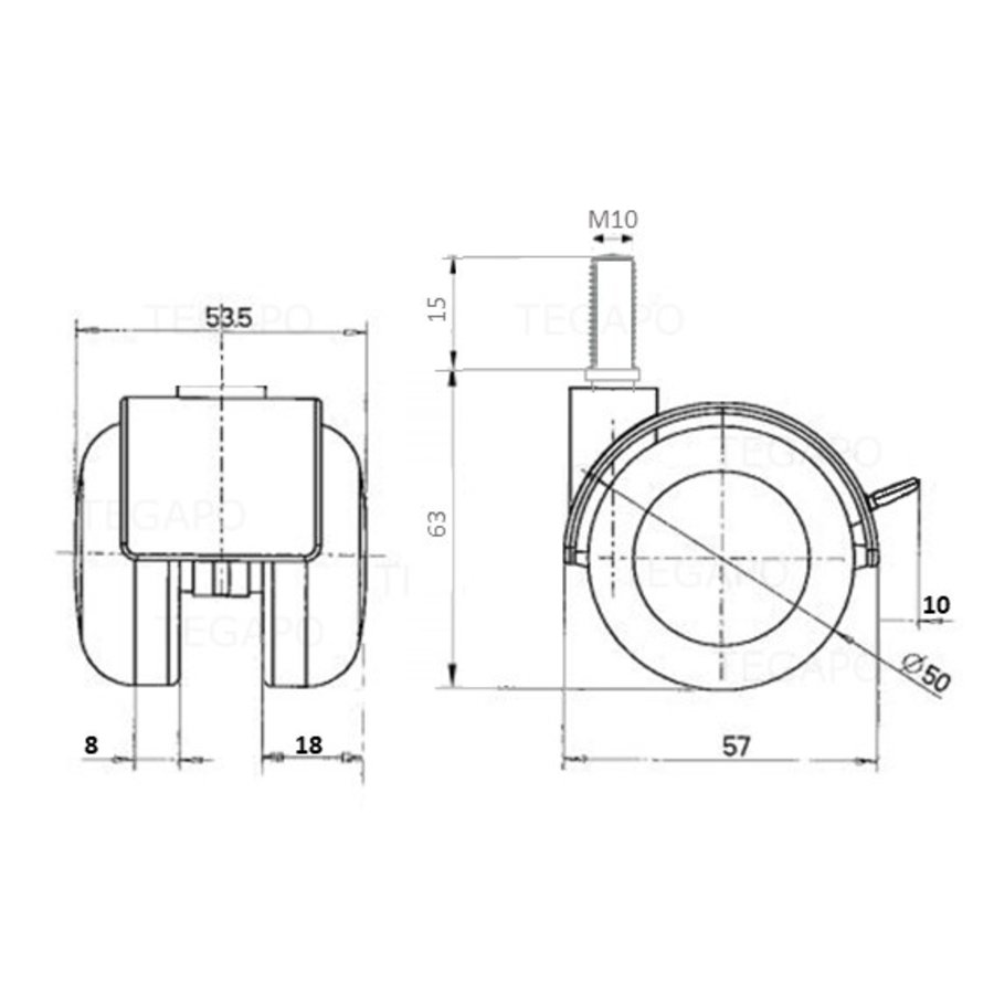 PPTP wiel 50mm bout M10x15 met rem