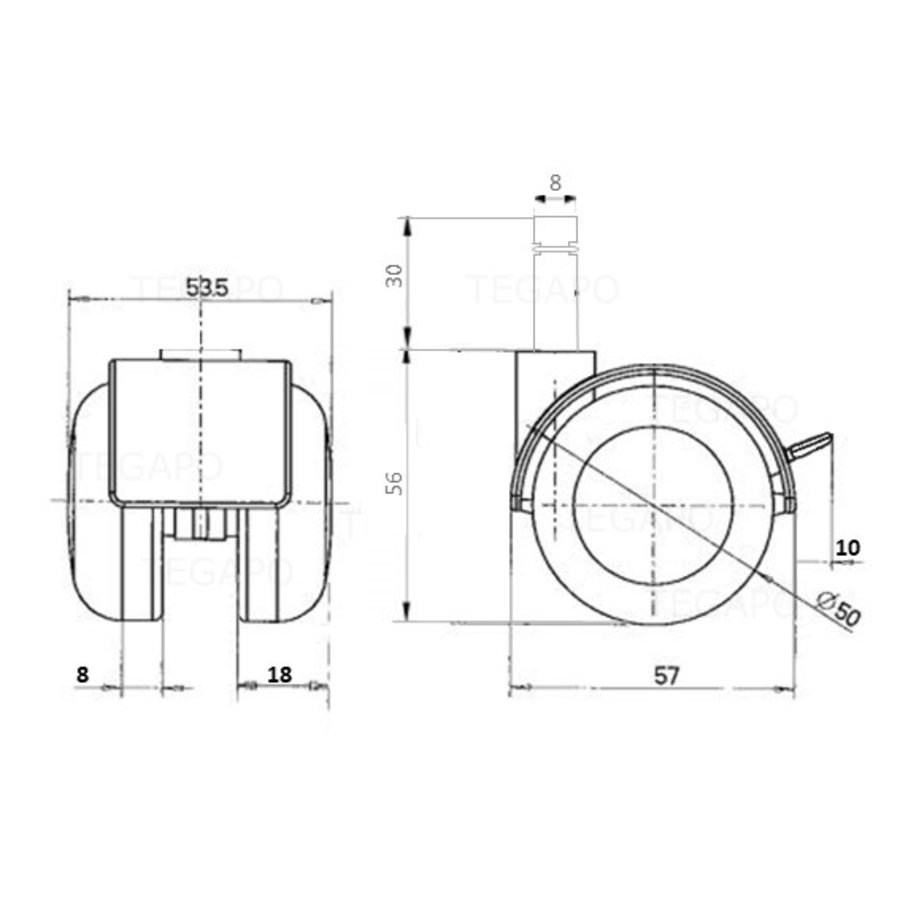 PPTP wiel 50mm stift 8mm met rem