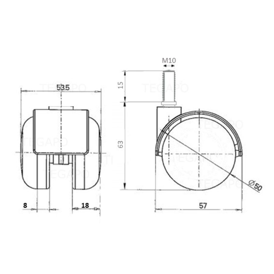 PP wiel 50mm bout M10x15