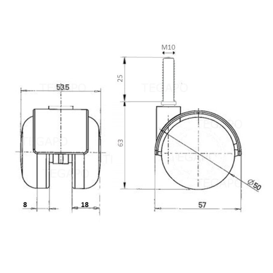 PP wiel 50mm bout M10x25