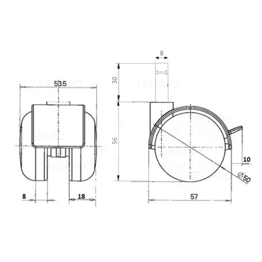 PP wiel 50mm stift 8mm met rem