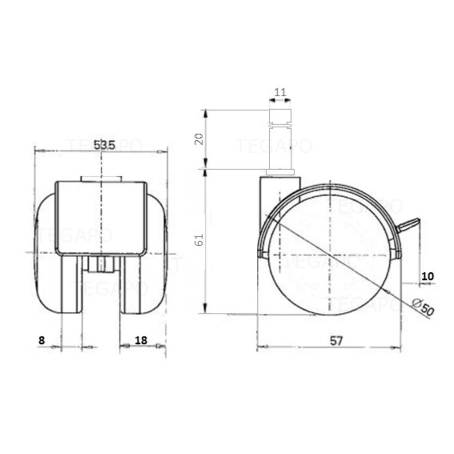 PP wiel 50mm stift 11mm met rem