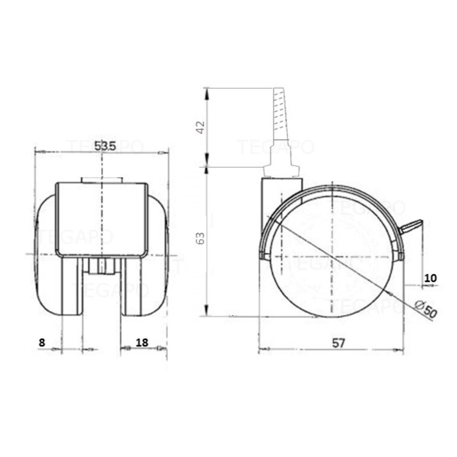 PP wiel 50mm schroef 7x42mm met rem