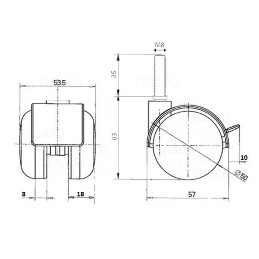 PP wiel 50mm bout M8x25 met rem