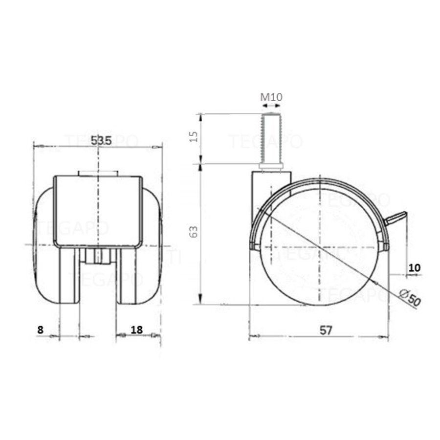 PP wiel 50mm bout M10x15 met rem