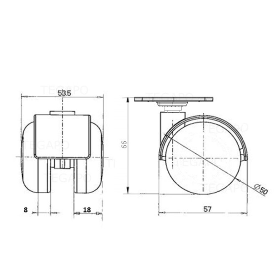 PP chrome wiel 50mm plaat 42x42mm