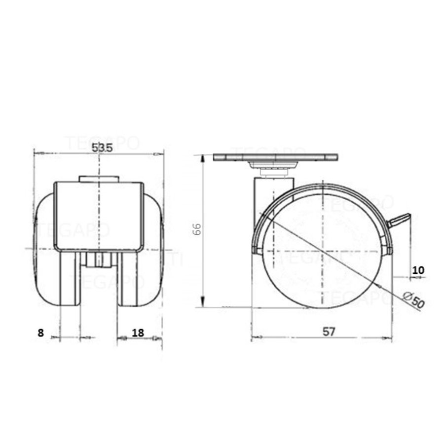 PP chrome wiel 50mm plaat 38x38mm met rem