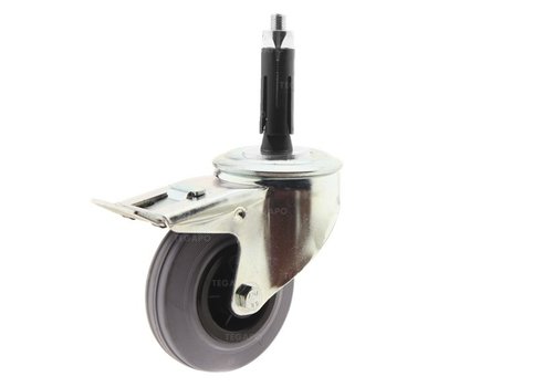 Zwenkwiel rubber 100 indoor ronde buis 24-27mm met rem  Zwenkwiel rubber 100 indoor ronde buis 24-27mm met rem