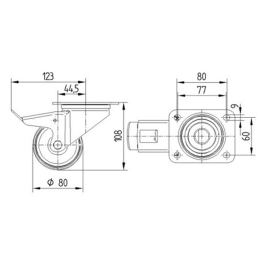 TENTE zwenkwiel nylon 3NO 80mm plaat met rem