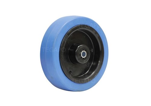 Elastisch rubber wiel blauw 125mm 3KO rollager asgat 8mm 