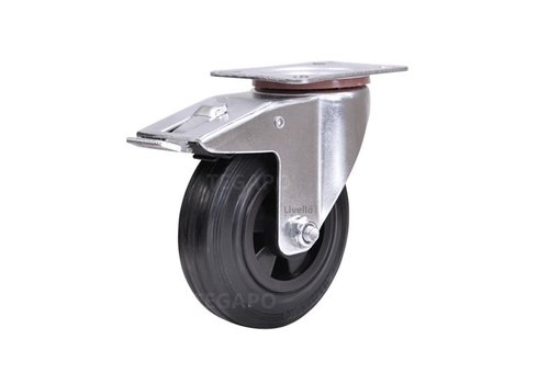 Livellö zwenkwiel rubber 125 2KO plaat met rem  Livellö zwenkwiel rubber 125 2KO plaat met rem