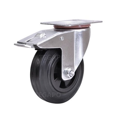 Livellö zwenkwiel rubber 125 2KO plaat met rem  Livellö zwenkwiel rubber 125 2KO plaat met rem