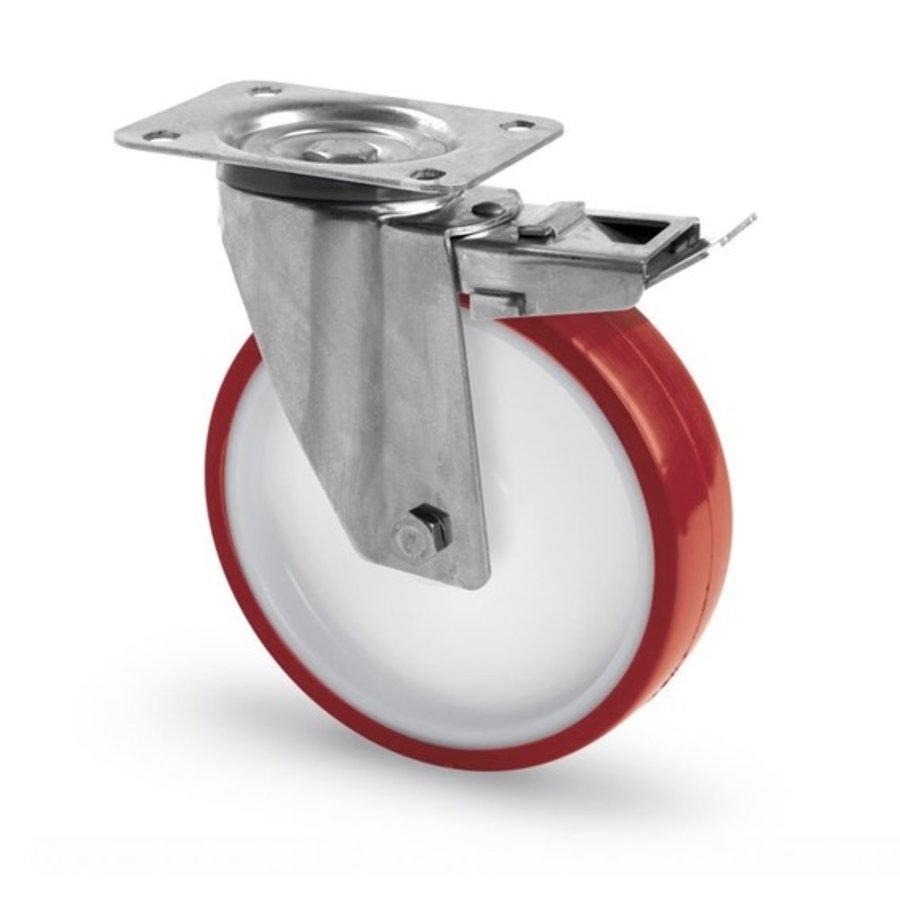 Livellö zwenkwiel RVS 125 nylon NOC rood plaatbevestiging met rem-1