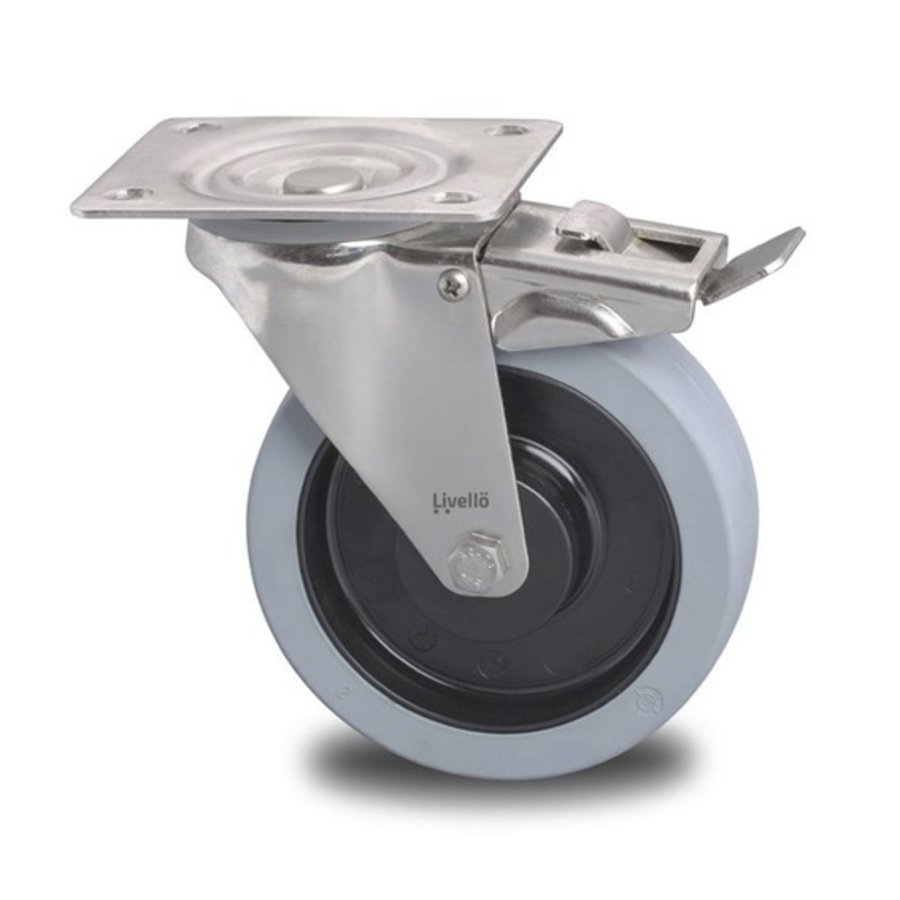 Livellö zwenkwiel RVS 160 elastisch rubber plaat met rem-1
