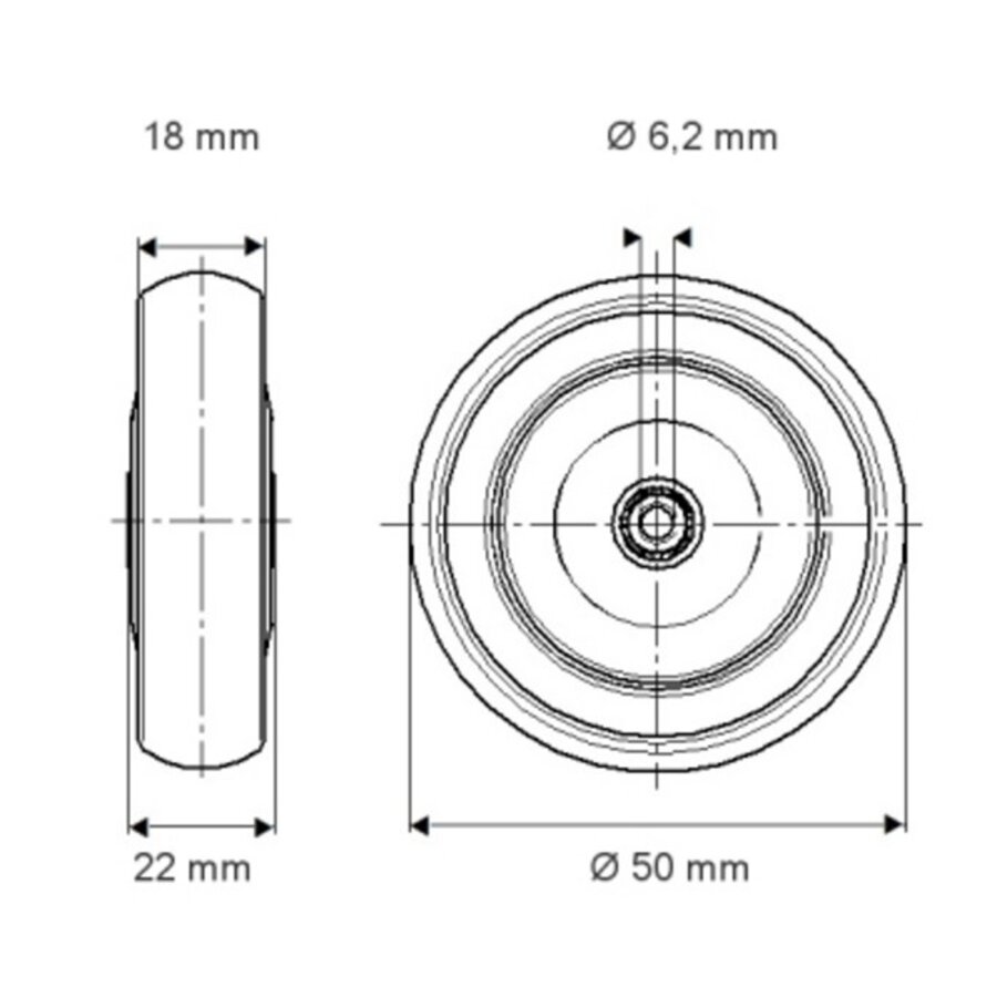 Wiel 50mm 2TPKO asgat 6mm naaf 22-2