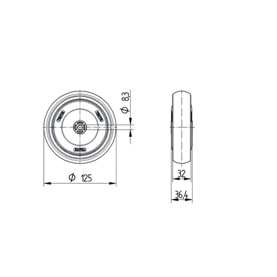 Wiel 125mm 2TPKO asgat 8mm naaf 36,5-2